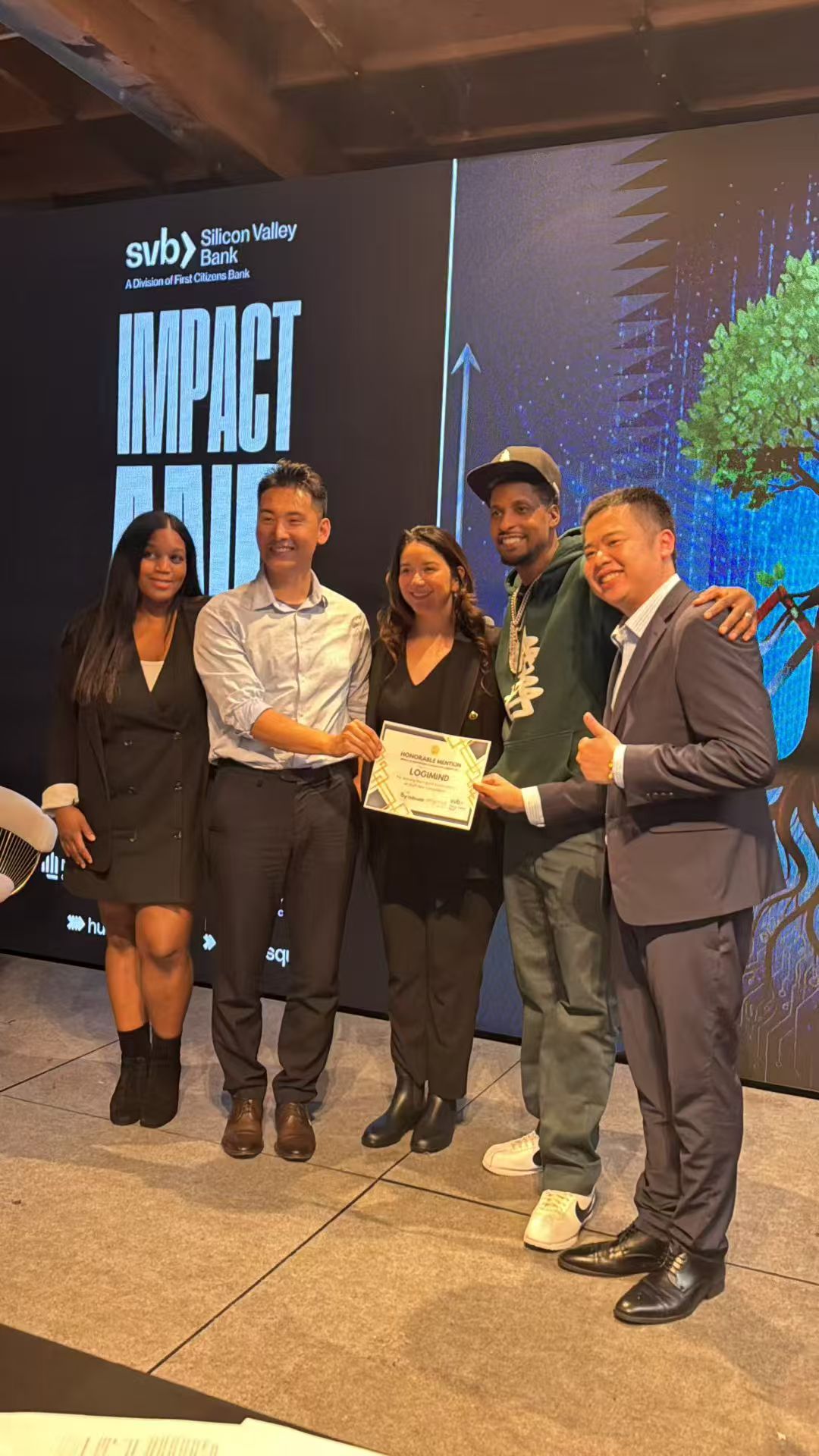 Jay Li and Andy Gor on stage with the organizers at the Silicon Valley Bank AI pitch competition, LA Tech Week, October 2025