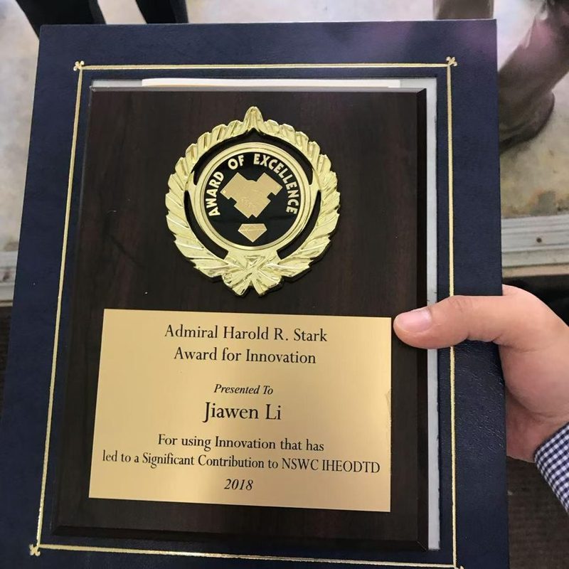Jay Li's 2018 Admiral Harold R. Stark Award for Innovation plaque